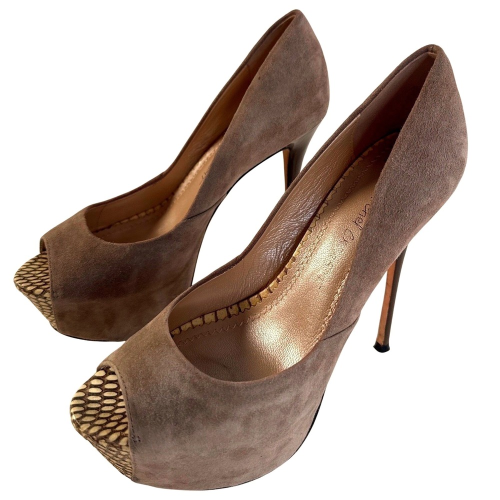 Jean-Michel Cazabat Taupe Suede Leather Peep Toe Platform Stiletto Heels 37.5